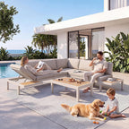 3-Seat Modular Aluminum Outdoor Sofa, Adjustable Reclining Design with Removable Side Table, All-Weather Patio Furniture Set with Water-Resistant Cushions for Backyard Poolside, Beige