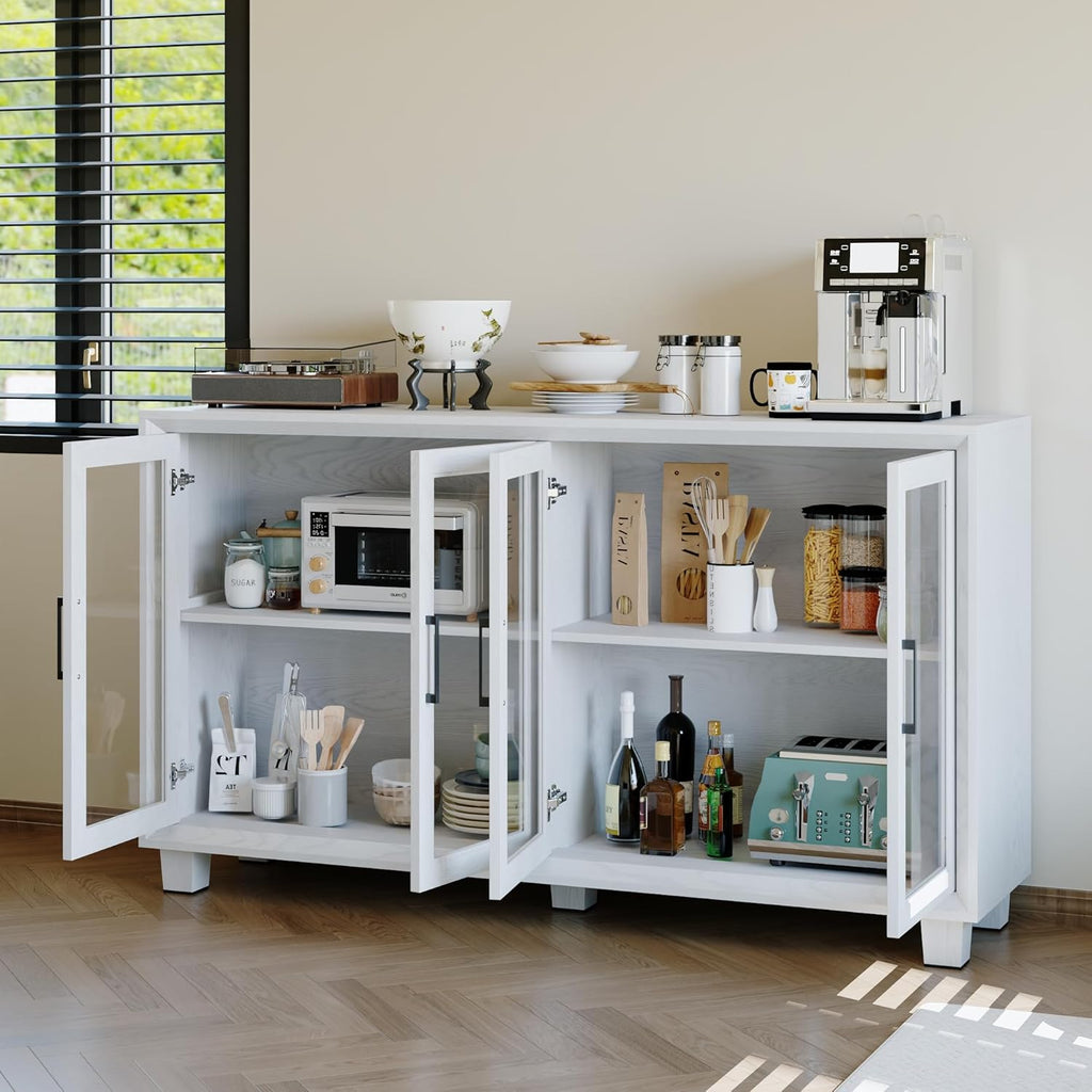 AIEGLE Sideboard Buffet Cabinet with Storage, Kitchen Sideboard with Glass Doors, 60.4" Coffee Bar with Rubber Wood Legs & Shelves, Storage Cabinet for Living Room, White