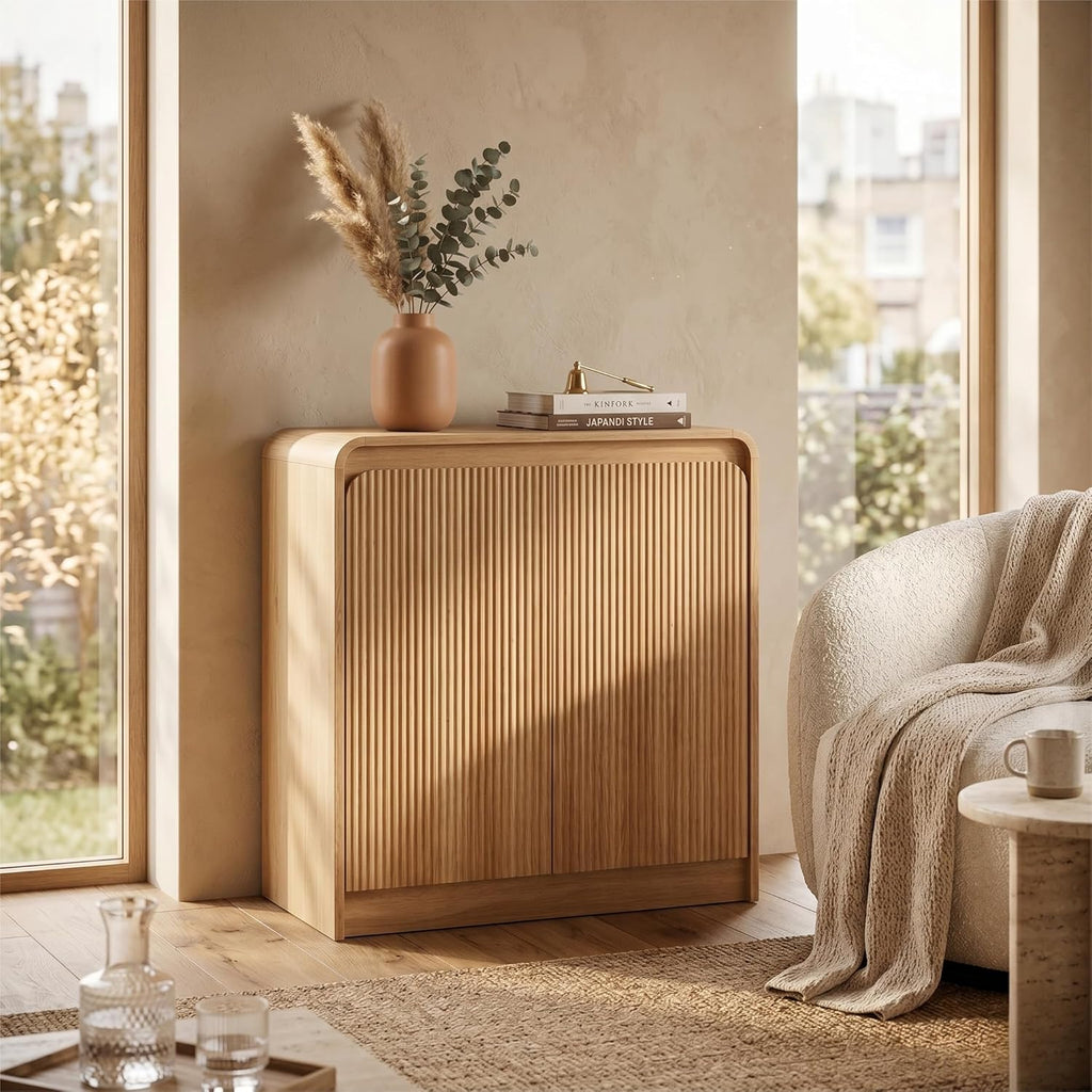 FURSUN Modern Fluted Sideboard with Curved Design, 31" Wood Buffet Cabinet with 2 Doors & Adjustable Shelves, Elegant Coffee Bar Cabinet for Kitchen, Dining Room & Entryway, Natural Oak