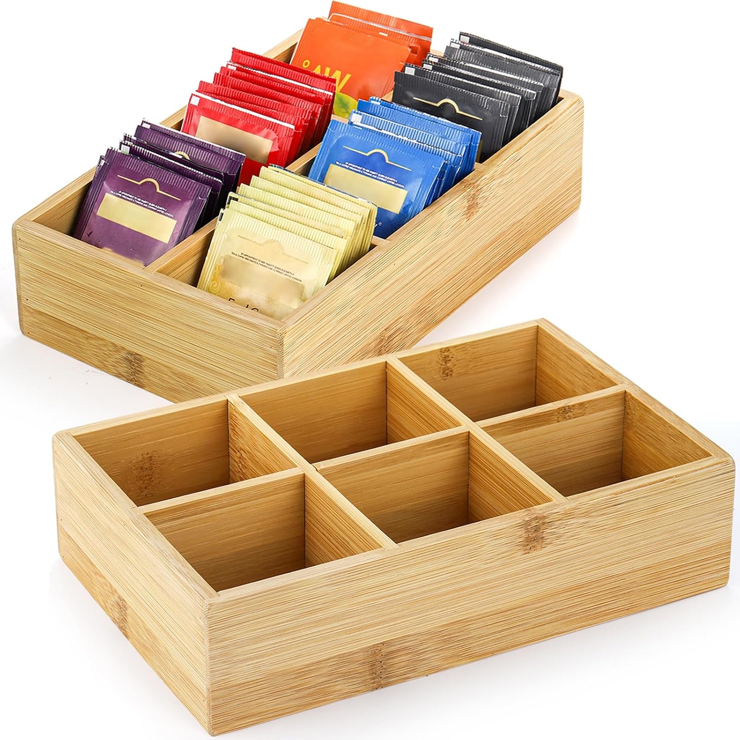 Dicunoy 2 Pack Bamboo Tea Bag Organizers, Wood Tea Bag Storage for Drawers with 6 Roomy Compartments, Sturdy Tea Chest Boxes for Shelf, Coffee Station, Sugar Packet, Sweeteners, Small Packets