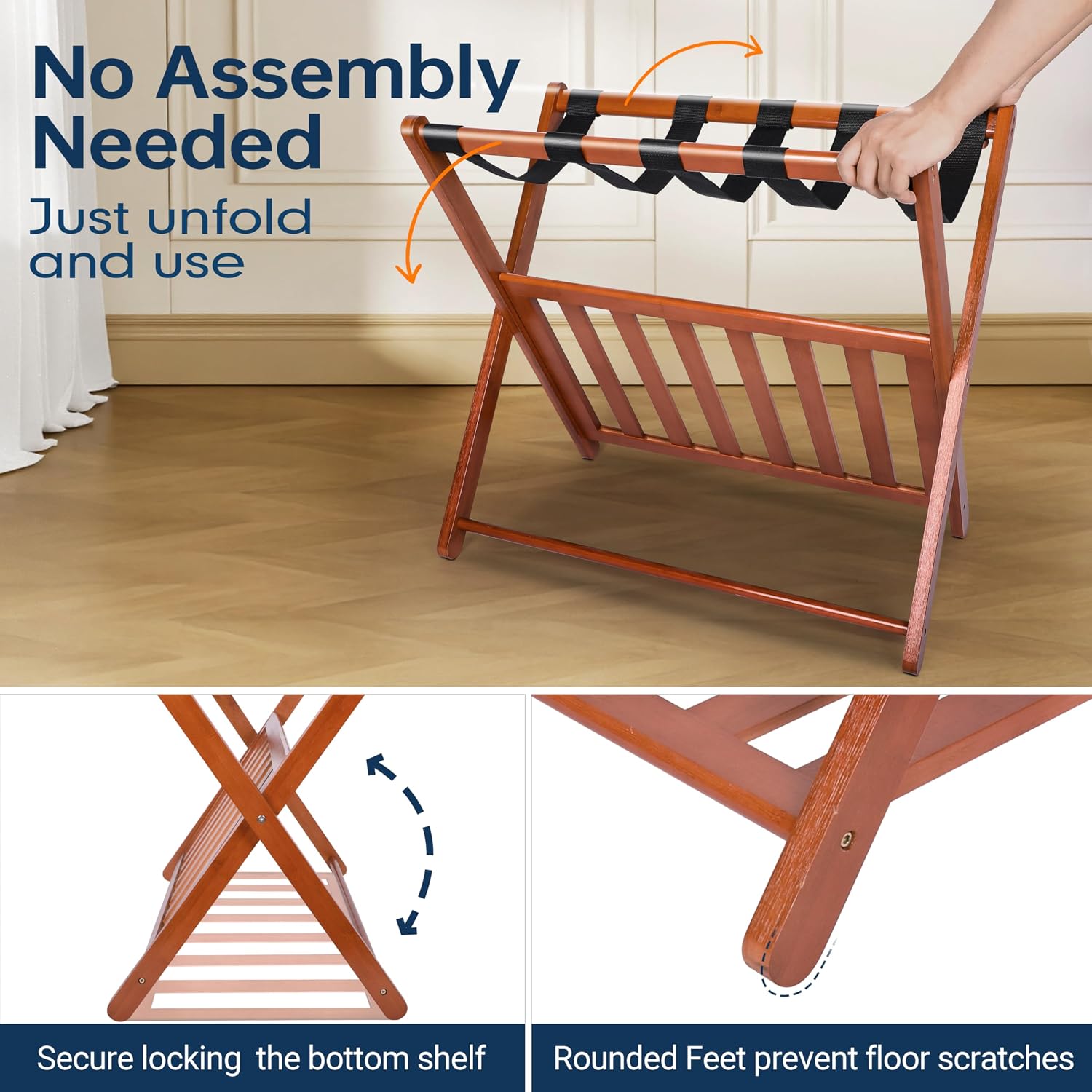 Whitmor Bamboo Luggage Rack with Bottom Shelf, Foldable Suitcase Stand, Heavy Duty Storage Shelf, 5 Nylon Straps & X-shaped Frame, Fully Assembled Walnut Luggage Holder for Guest Room, Bedroom, Hotel