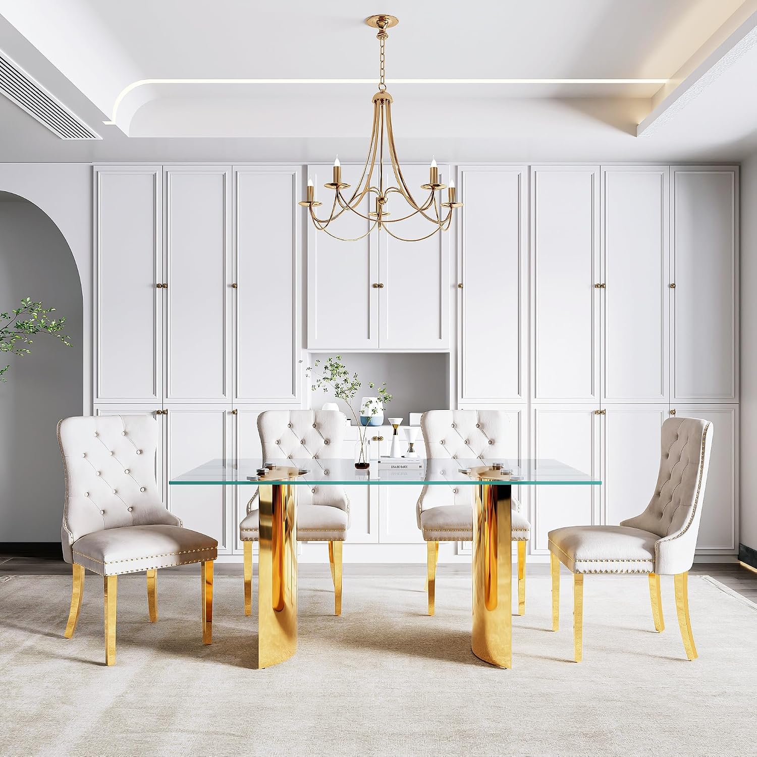63 inch Glass Dining Table for 6,0.39 in Thick Glass Top with Gold Stainless Steel Pedestal Dining Room Table