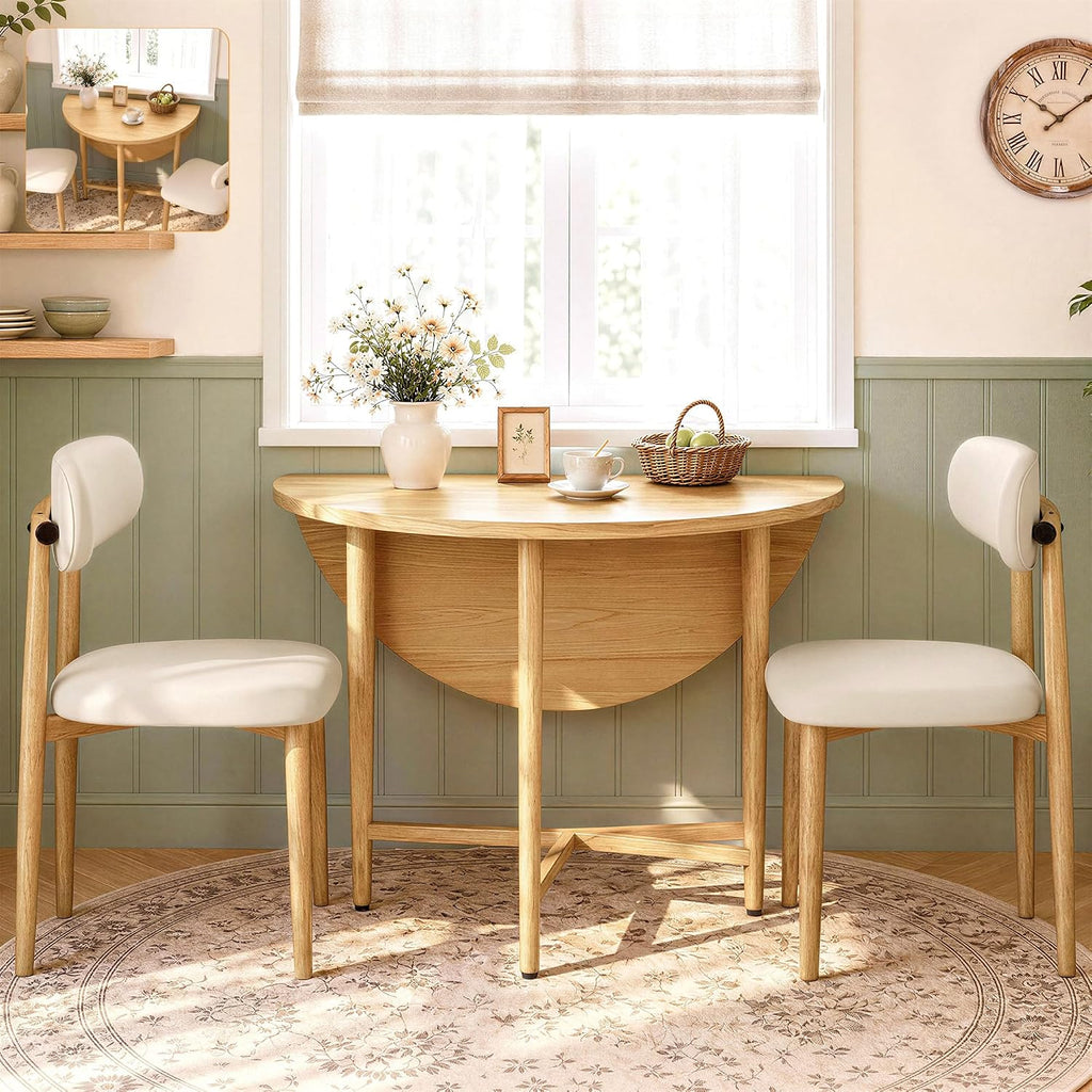 IRONCK 36" Round Dining Table and Chairs Set for 2, Natural Wood | Drop Leaf, 2 Upholstered Chairs, Space Saving, Extendable Kitchen Table