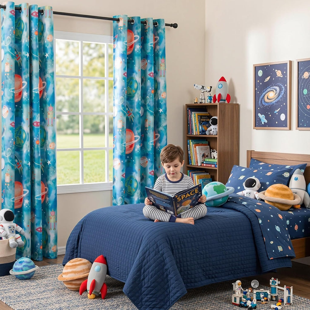 MYSKY HOME Boys Blackout Curtains 84 Inch Long 2 Panels Set 95% Light Blocking Noise Reduction Planet Astronaut Printed Grommet Drapes for Kids Nursery Bedroom Playroom, Each Panel 52" W, Blue
