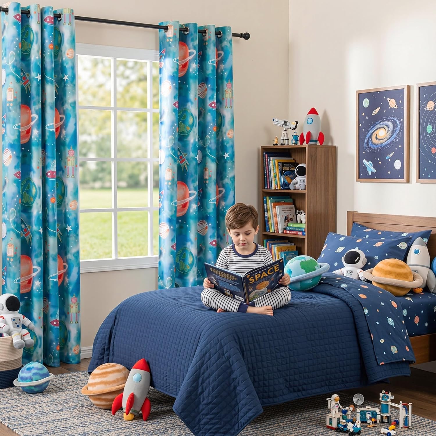MYSKY HOME Boys Blackout Curtains 84 Inch Long 2 Panels Set 95% Light Blocking Noise Reduction Planet Astronaut Printed Grommet Drapes for Kids Nursery Bedroom Playroom, Each Panel 52" W, Blue