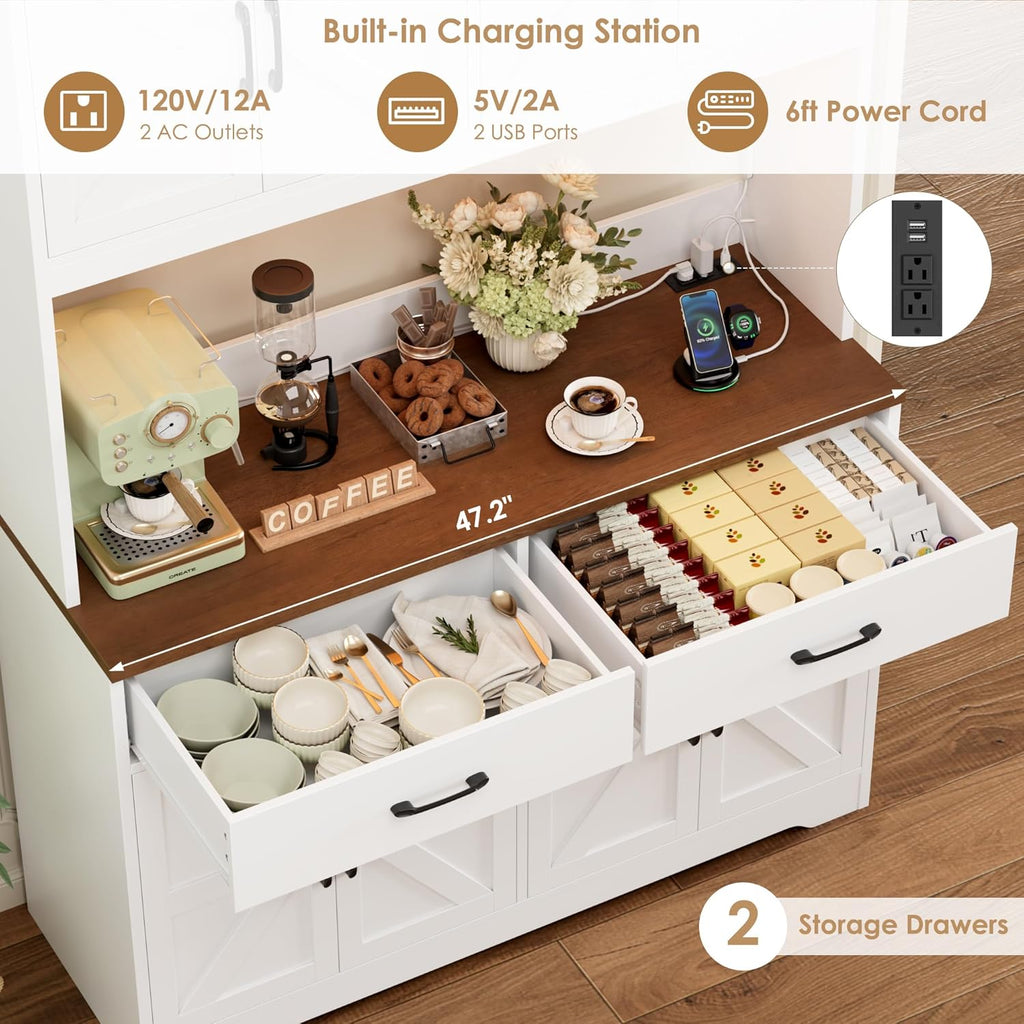 HIFIT 71" Tall Kitchen Pantry Cabinet with RGB LED and Charging Station, Farmhouse Coffee Bar Cabinet with Large Countertop and 6 Hooks, Kitchen Hutch Storage Cabinet, White