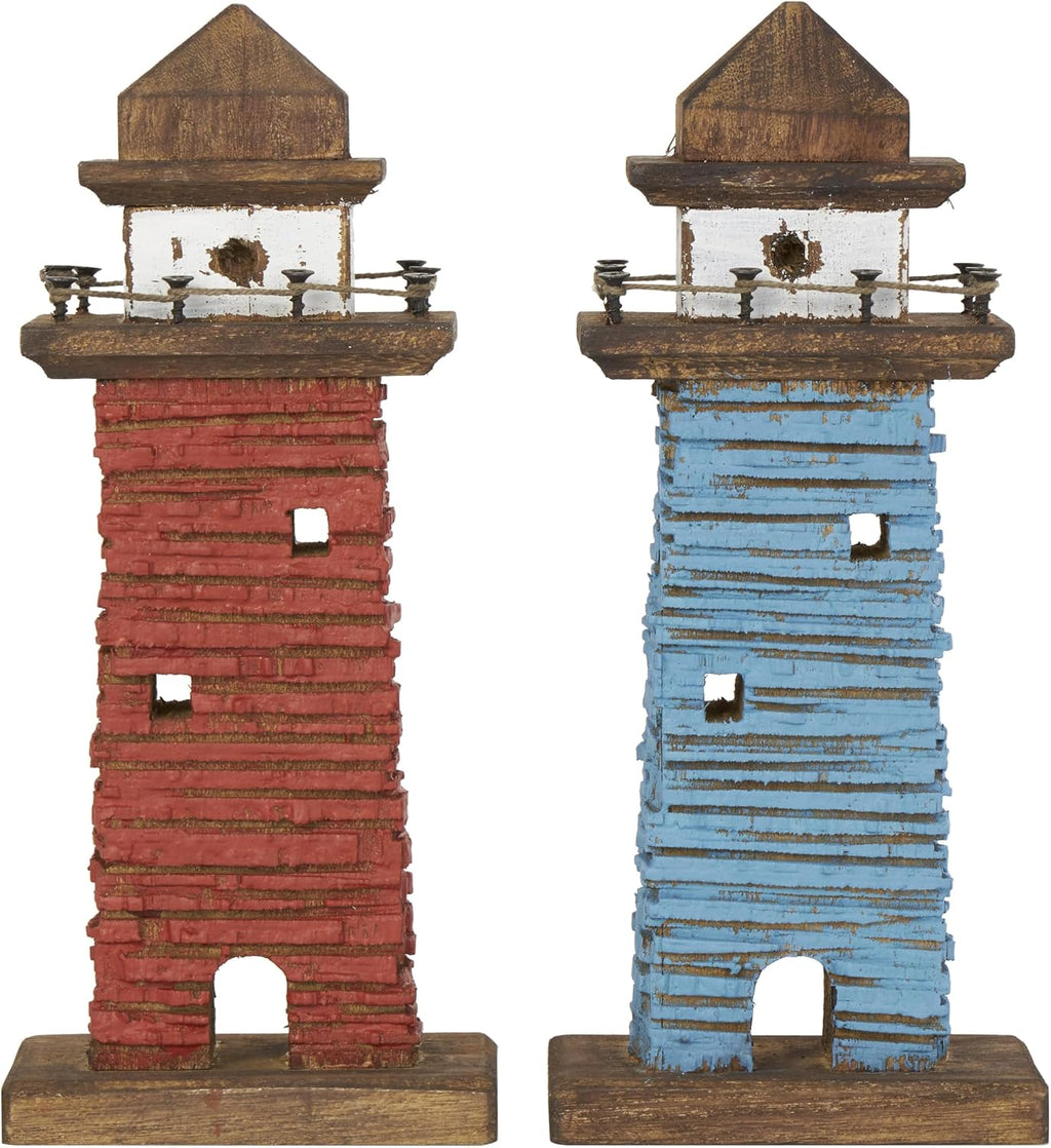 Deco 79 Wood Light House Decorative Sculpture Distressed Home Decor Statues with Blue and Brown Accents, Set of 2 Accent Figurines 5" W, 10" H, Red