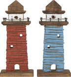 Deco 79 Wood Light House Decorative Sculpture Distressed Home Decor Statues with Blue and Brown Accents, Set of 2 Accent Figurines 5" W, 10" H, Red