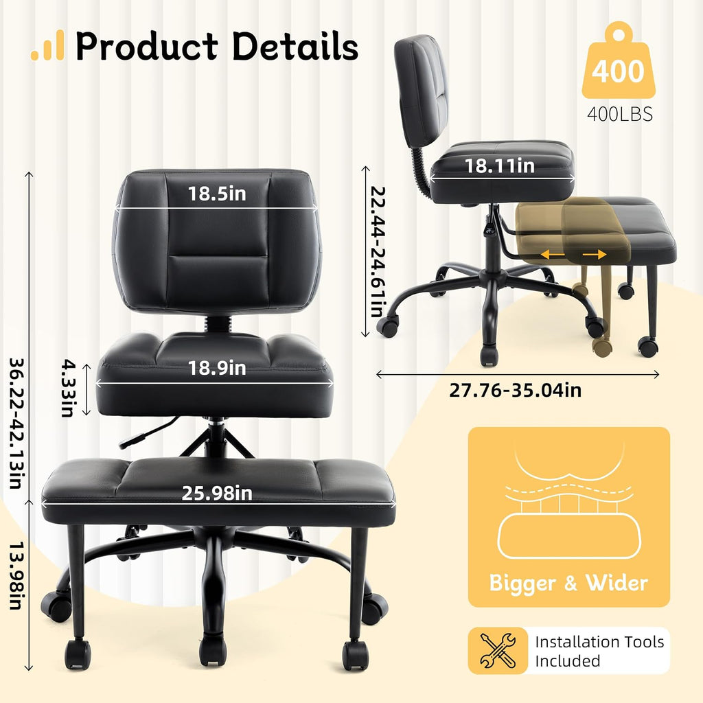 Cross Legged Office Chair with Wheels, Criss Cross Chair with Wider Thicken Seat, ADHD Meditation Chair with Adjustable Footstool for Adults, Yoga Office Chair, PU Black