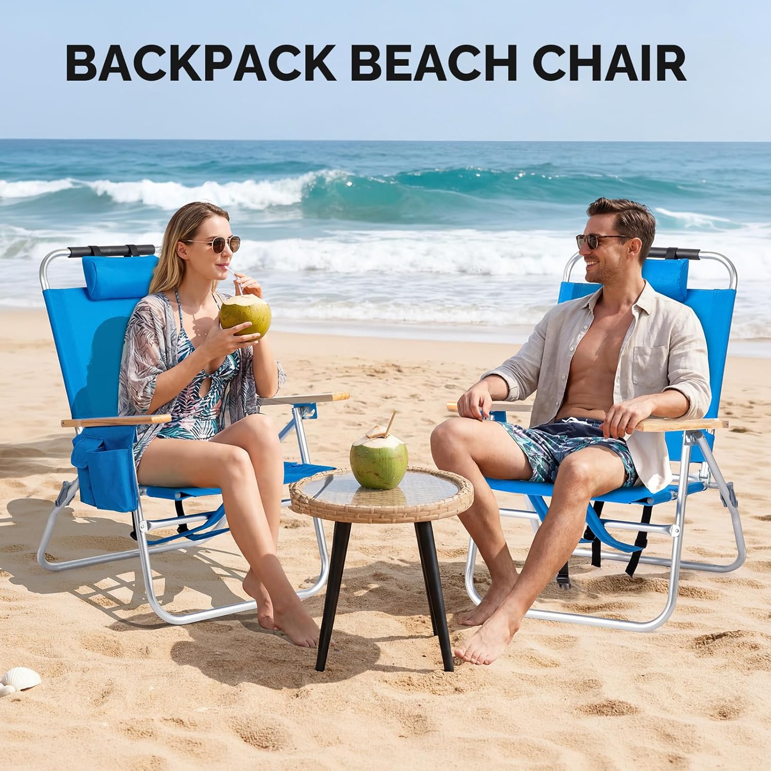 Bonnlo Lightweight Backpack Beach Chair, 2 Pack Portable Beach Chairs for Adults with Side Bag. 3 Level Adjustable Positions for Camping Patio and Picnic