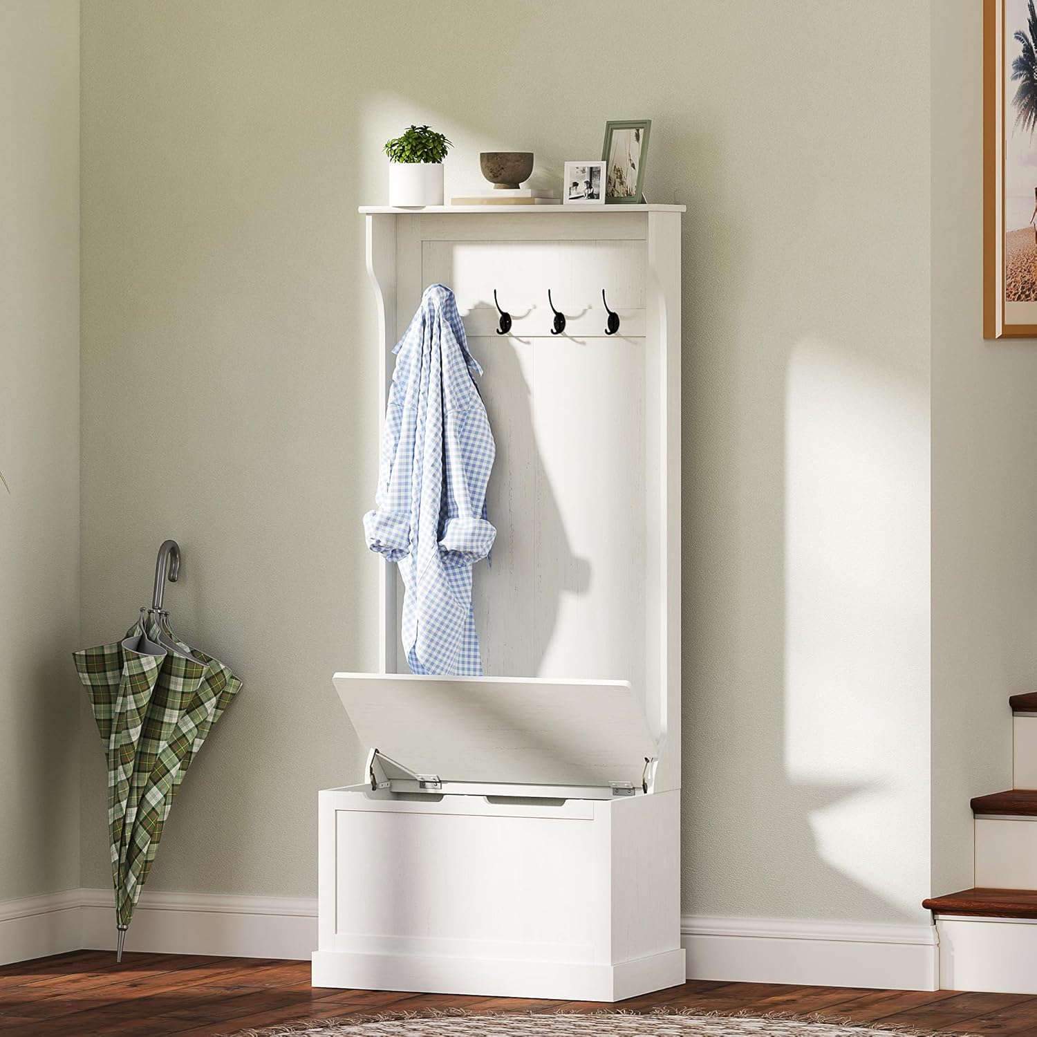 HOMCOM Hall Tree with Bench and Shoe Storage, 3-in-1 Entryway Bench with Coat Rack, 4 Hooks and Flip Top Storage Compartment, Cream White