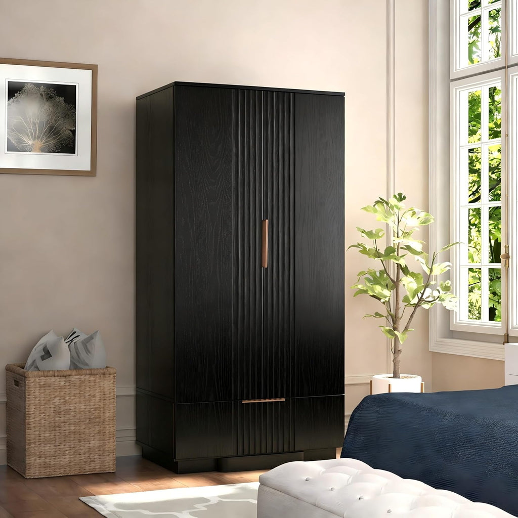 Brafab 67" Fluted Armoire Wardrobe Closet with Drawers, Black Cabinet | Removable Hanging Rods, Adjustable Shelves, Soft-Close Hinges, Large Capacity, Clothes Organizer for Bedroom, Cloak Room