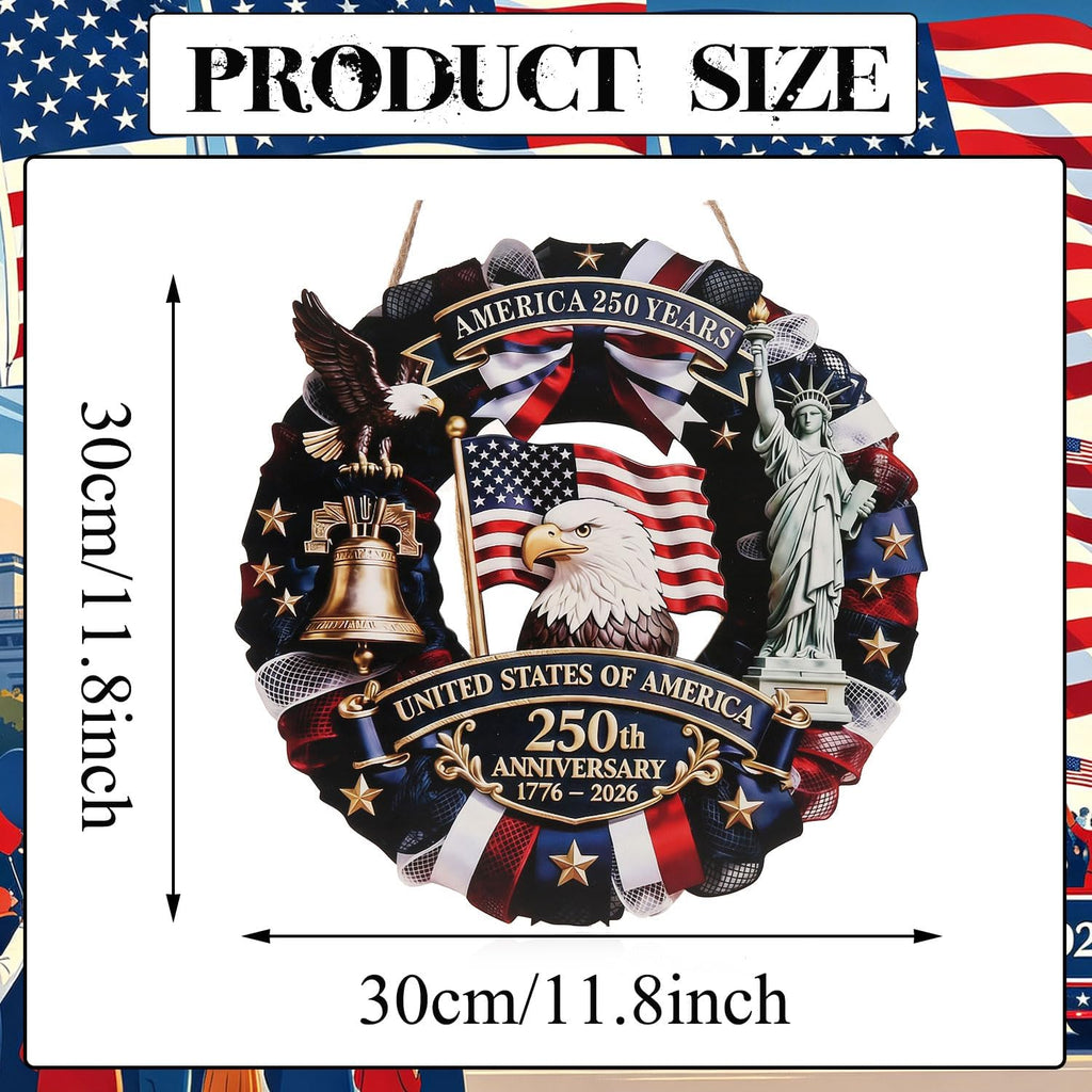 Spiritlele 250th Anniversary USA Door Sign Patriotic Wreath 4th of July Hanging Plaque 250 Years Indoor Decoration for Front Door Home Office Celebration Gift