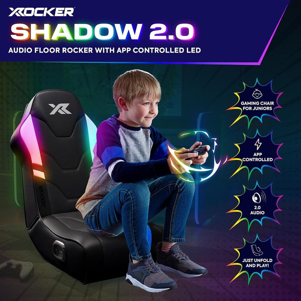 X Rocker Shadow RGB 2.0 Floor Rocker, Audio Console Gaming Chair - Neo Motion™ Sync App Controlled LED Lights, Headrest Speakers, Folding Rocking Base, Wipe-Clean Faux Leather for Kids & Teens - Black