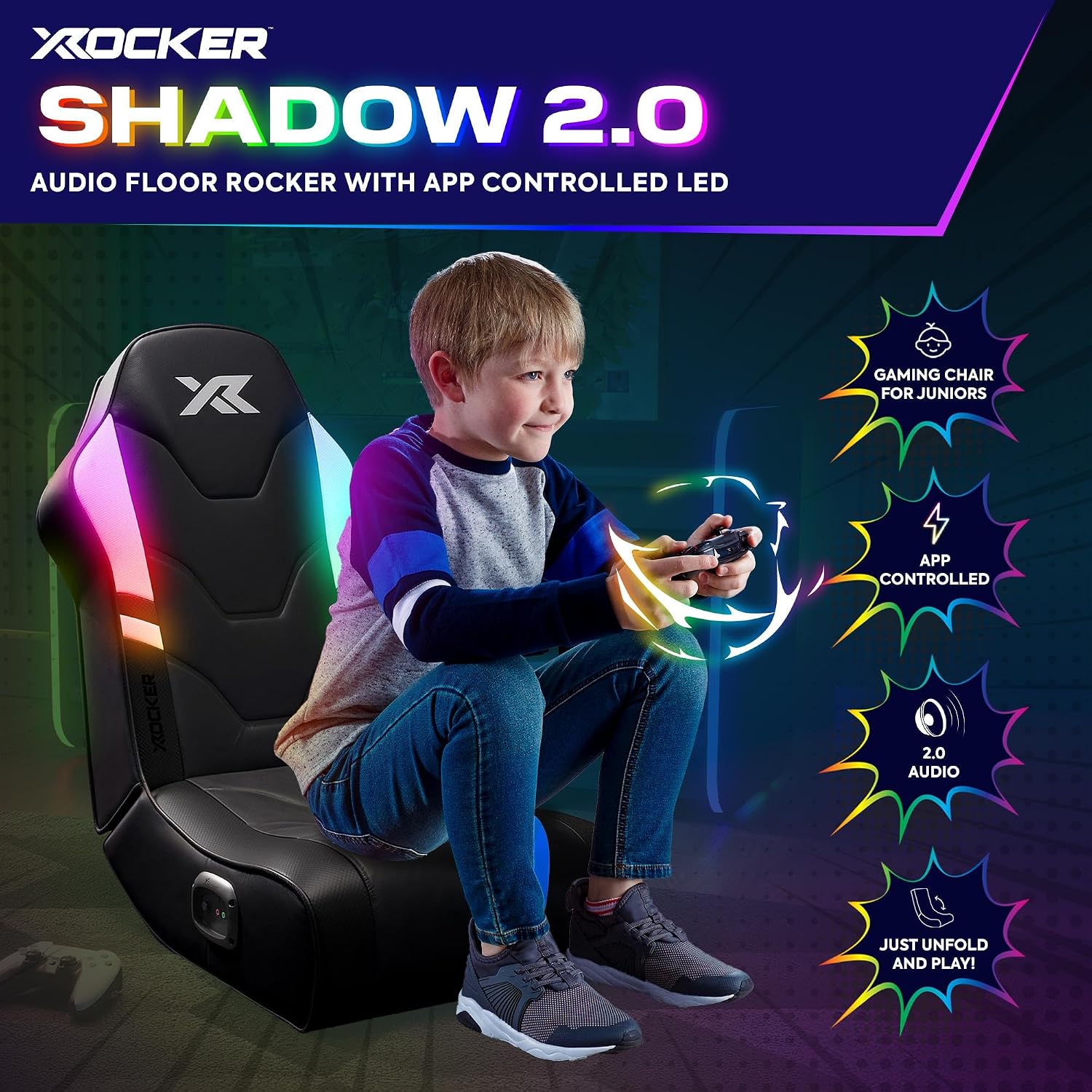 X Rocker Shadow RGB 2.0 Floor Rocker, Audio Console Gaming Chair - Neo Motion™ Sync App Controlled LED Lights, Headrest Speakers, Folding Rocking Base, Wipe-Clean Faux Leather for Kids & Teens - Black