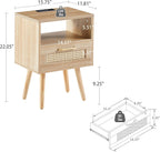 ZenithX 15.75" Rattan End Table with Power Outlet & USB Ports, Modern nightstand with Drawer and Solid Wood Legs, Side Table for Living Room, Bedroom,Natural