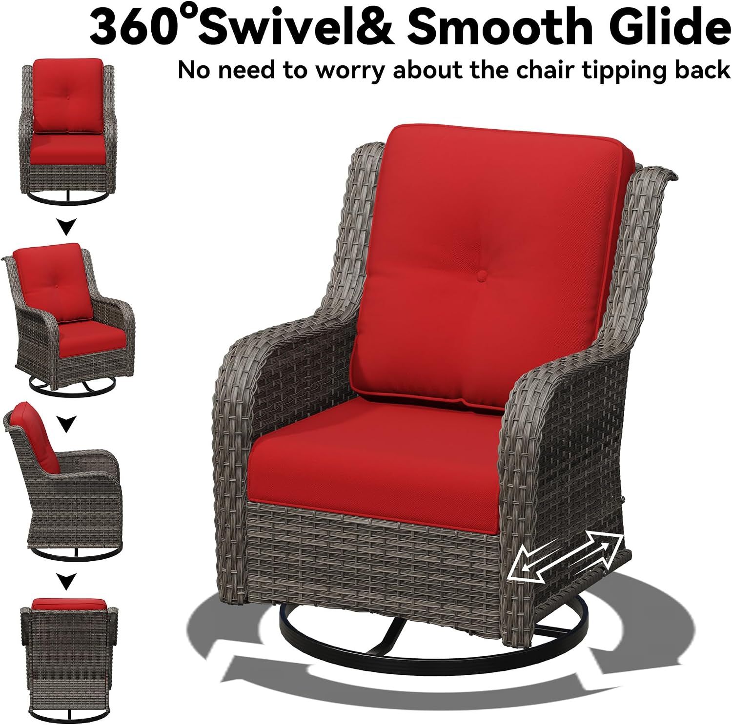 Outdoor Swivel Rocker Patio Chair - Outdoor Wicker Patio Furniture with Thickened Olefin Cushions, High Back and Deep Seating, Hand-Woven PE Rattan for Porch, Deck, Balcony, Red