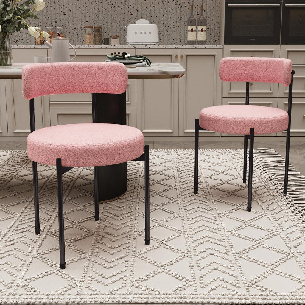 Boucle Dining Chairs Set of 2 Teddy Upholstered Dining Room Chairs Kitchen Chairs with Metal Legs Mid Century Modern Chair for Dining Room, Kitchen(Black Frame+Pink, 2)