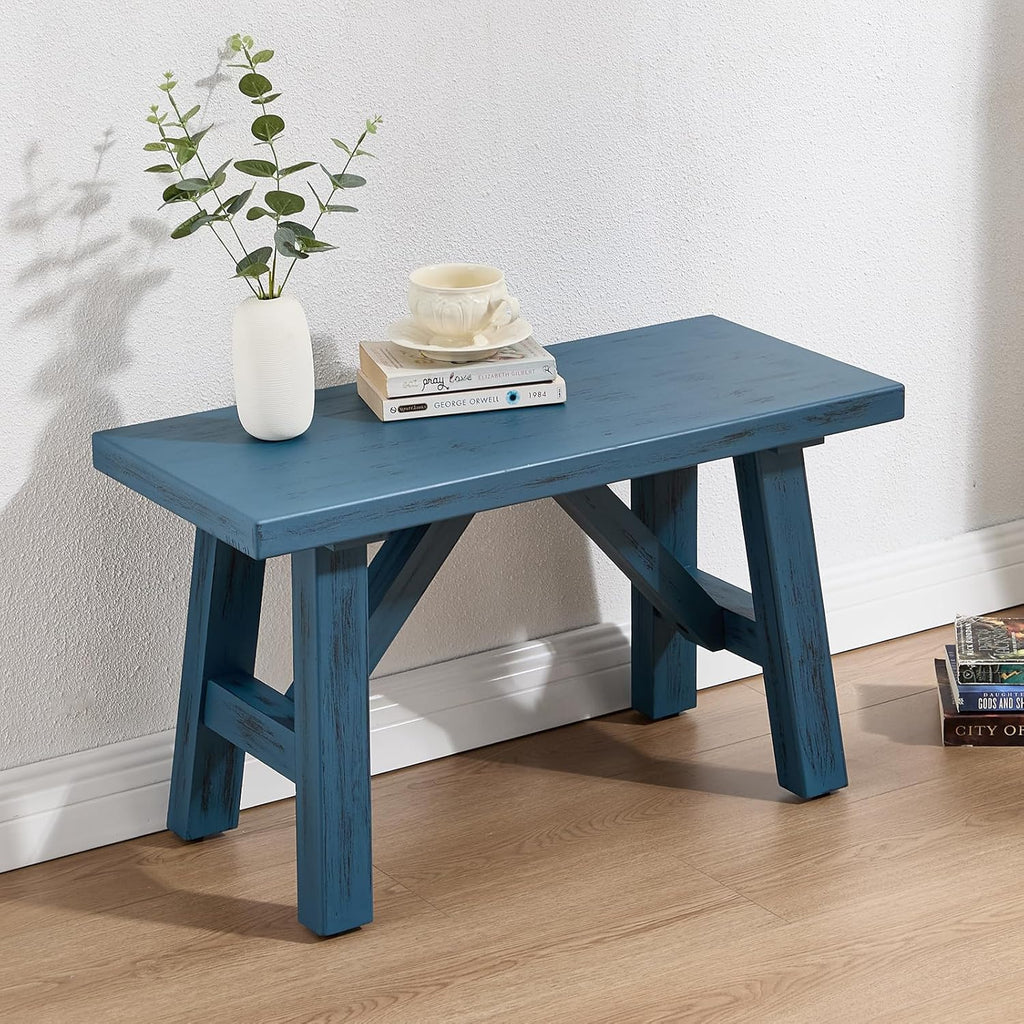 30" Farmhouse Entryway Bench, Rustic Solid Wood Dining Room Bench Small Entryway/Hallway Bench for Indoors Entry Way Seating for Living Room, Hallway, Porch, Easy Assembly, Blue