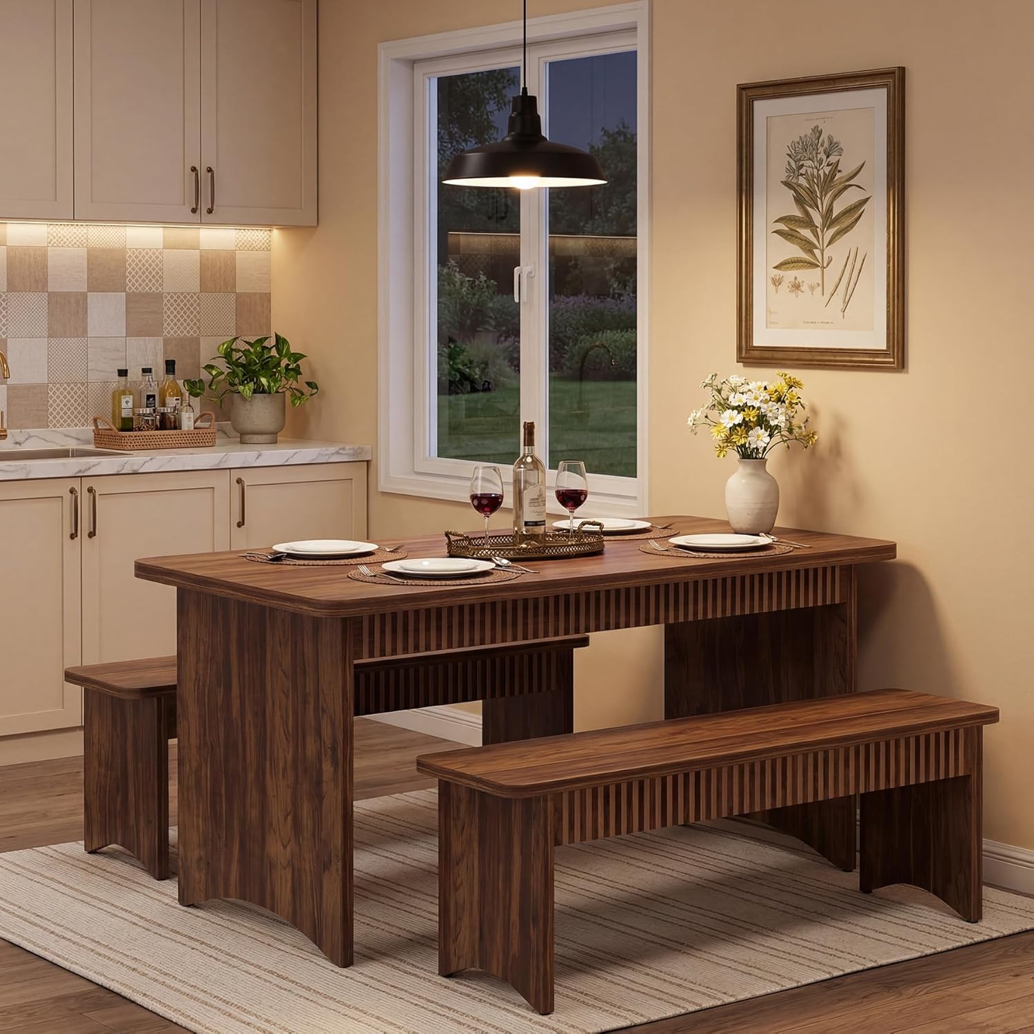 LITTLE TREE 55" Dining Table with 2 Benches, Dining Table Set for 4-6 People, Farmhouse Kitchen Table with Bench, Dining Room Table Set