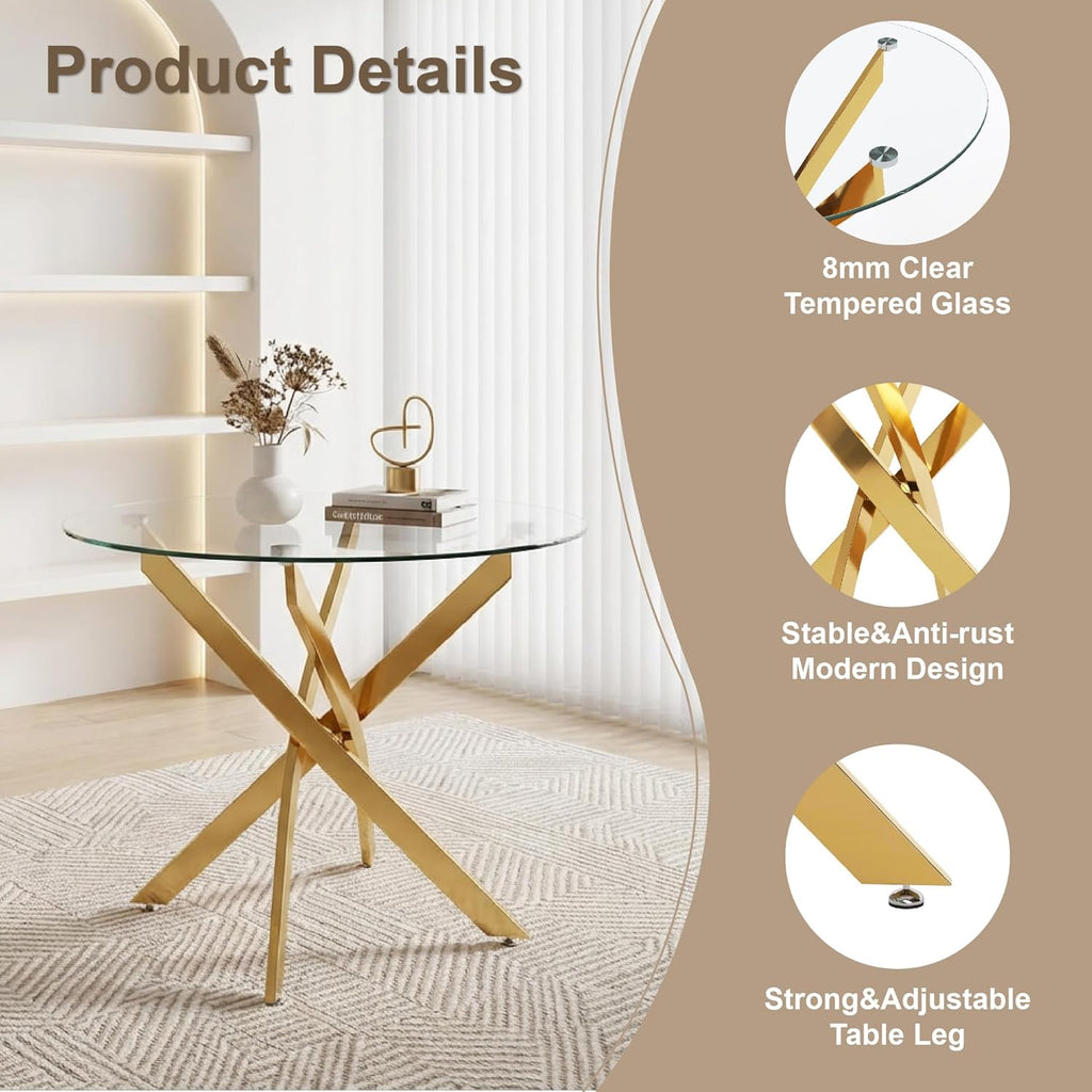 5 Piece Round Glass Dining Table Set for 4, Modern Tempered Glass Top Kitchen Table with 4 Upholstered Chairs, Space-Saving Dining Set for Small Apartment, Gold & Gold