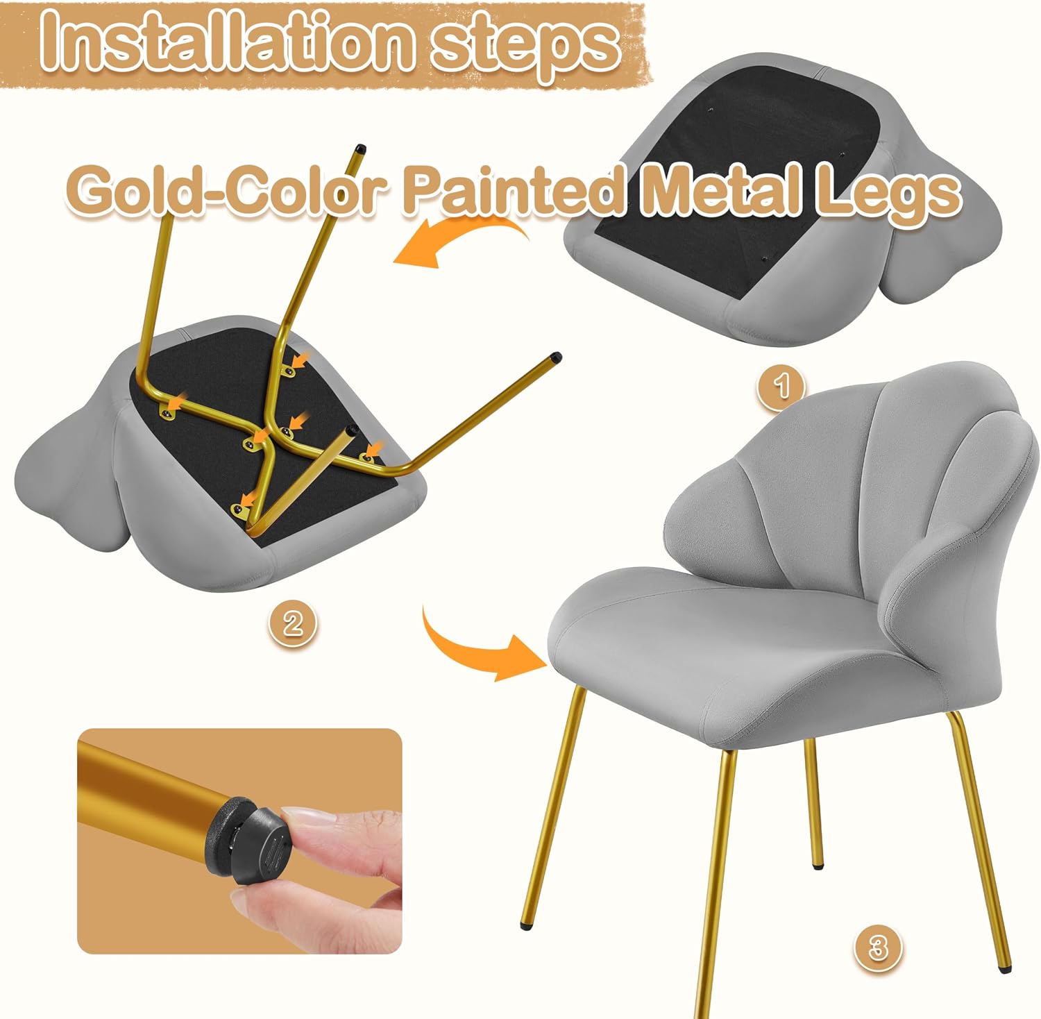 Yaheetech Vanity Chair, Velvet Accent Chair with Shell-Shaped Backrest, Modern Armchair with Gold Metal Legs for Dressing Room/Bedroom/Living Room, Light Gray