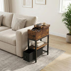 Flip Top Narrow End Table with Hidden Storage, Small Side Table with Fabric Drawer, Bedside Tables with Shelf,Metal Frame Chairside Table for Sofa, Living Room, Small Spaces,Rustic Brown