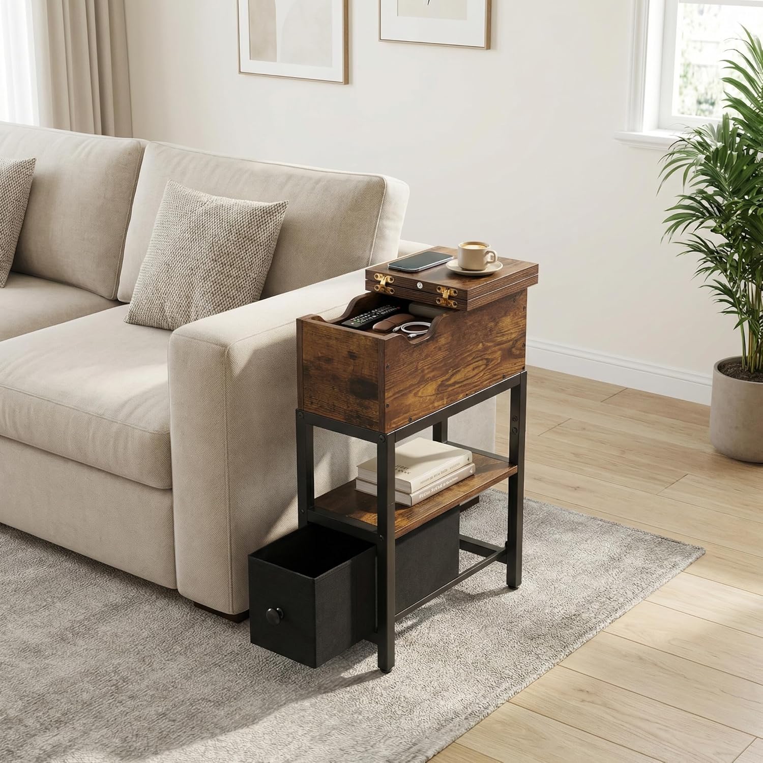 Flip Top Narrow End Table with Hidden Storage, Small Side Table with Fabric Drawer, Bedside Tables with Shelf,Metal Frame Chairside Table for Sofa, Living Room, Small Spaces,Rustic Brown