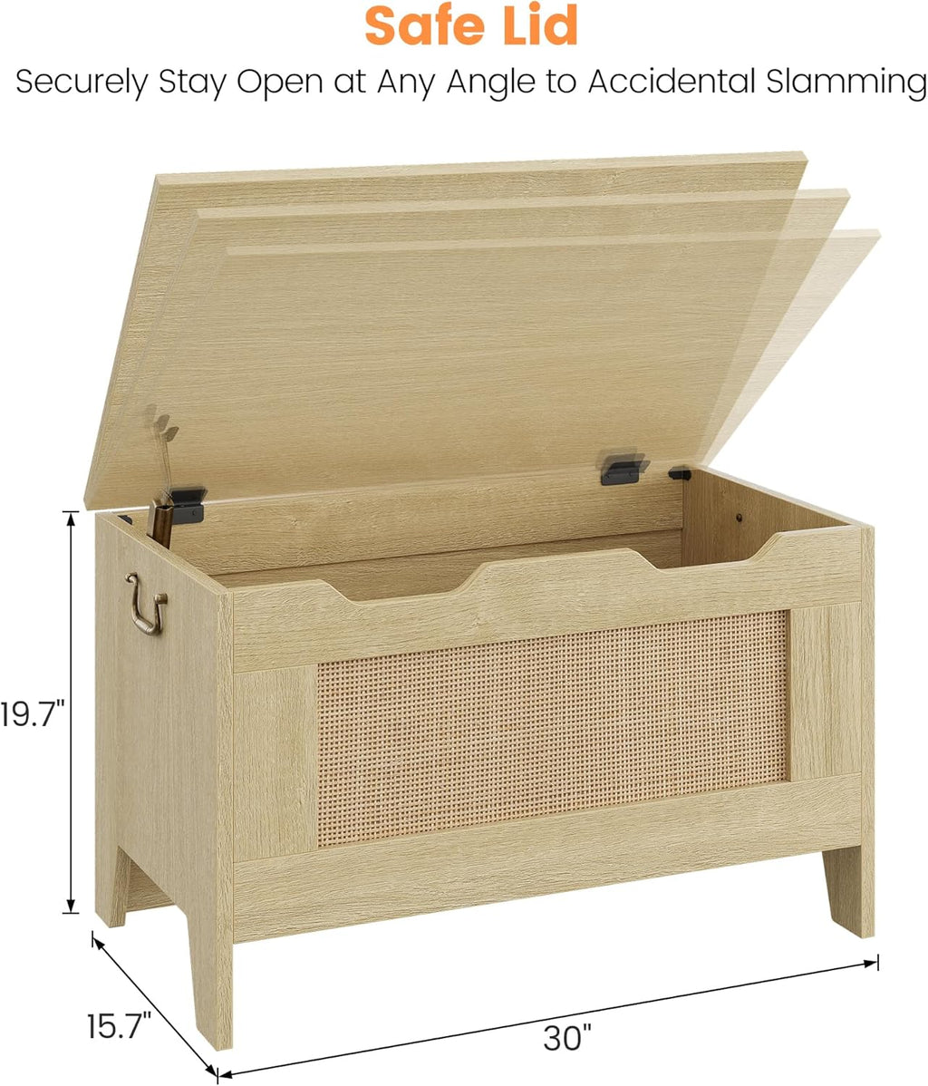 IDEALHOSUE 30” Storage Chest, Wooden Storage Bench with Safety Hinge, Retro Blanket Storage Trunk for Entryway, Living Room, Supports 350 lb, Light Oak