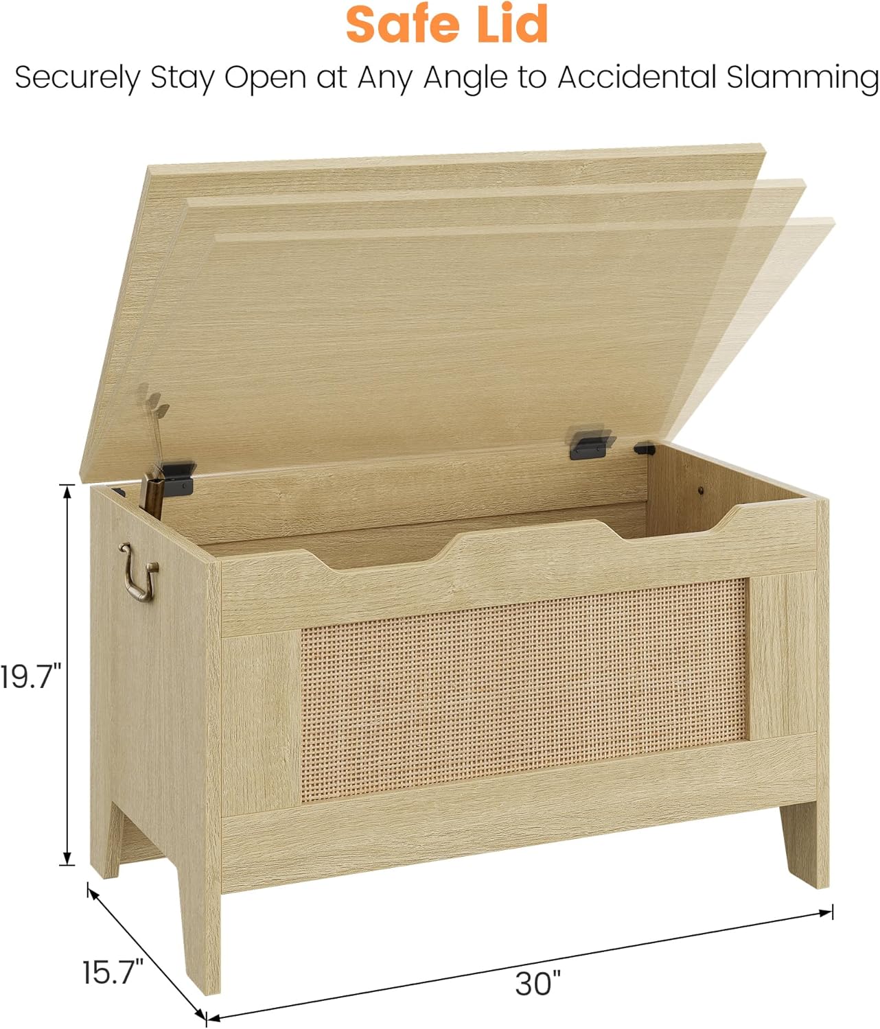 IDEALHOSUE 30” Storage Chest, Wooden Storage Bench with Safety Hinge, Retro Blanket Storage Trunk for Entryway, Living Room, Supports 350 lb, Light Oak