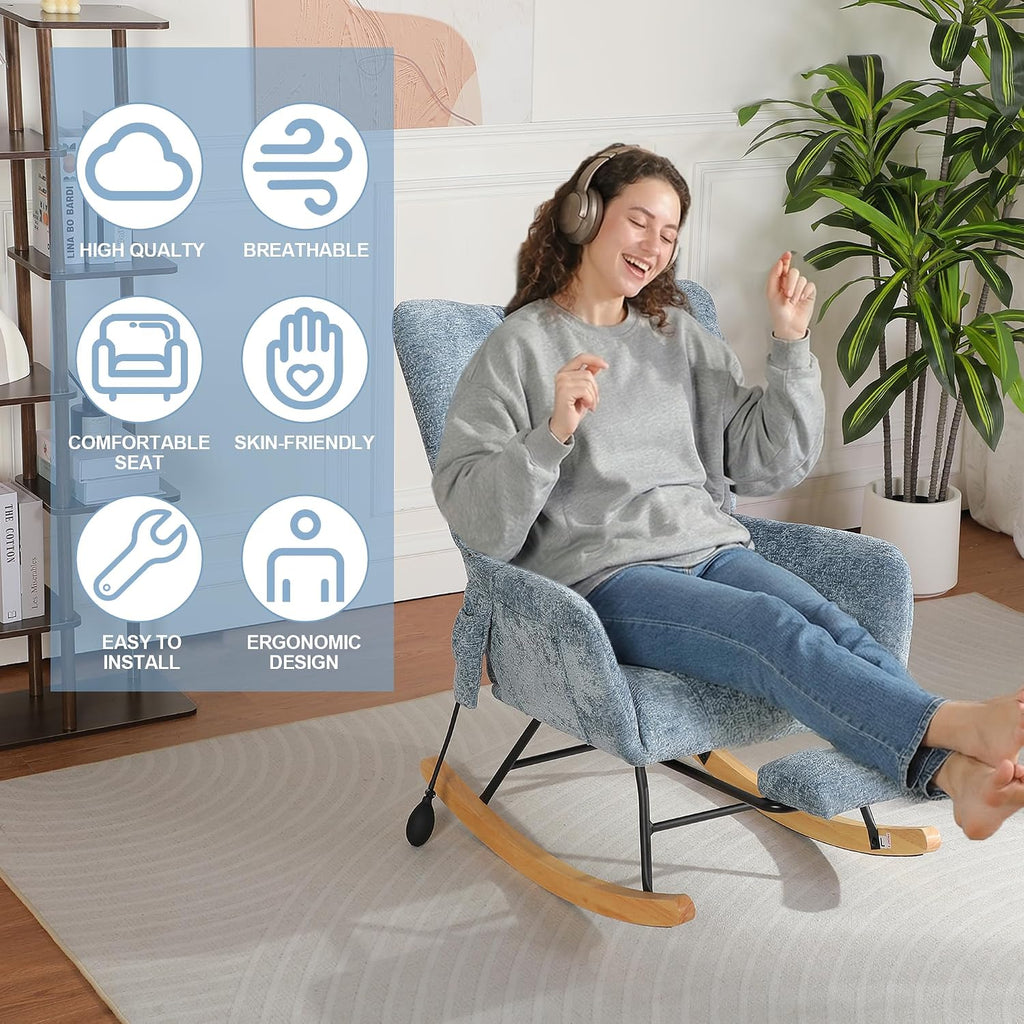 Rocking Chair Nursery with Airbag, Comfy Modern Nursery Rocking Reading Chair Indoor with Footrest, Cozy Upholstered Glider Rocker Chairs for Living Room Bedroom Offices, (Chenille, Blue)