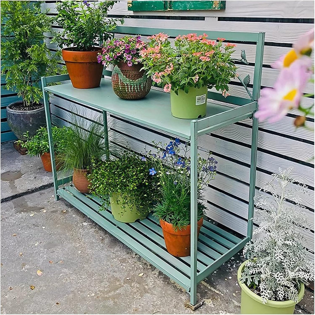 Potting Bench, Outdoor Patio Metal Potting Table with 2- Tier Open Shelf, Garden Work Station Table for Planting (Color : Green, Size : 126.5x45x115.5cm)