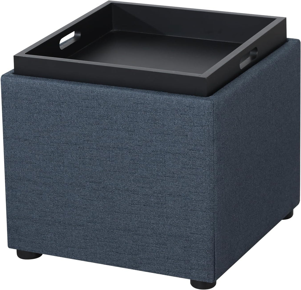 Adeco 17" H Navy Blue Storage Ottoman Cube with Tray Lid, Small Polyester Fabric Footstool with Storage, Square End Table for Living Room & Bedroom