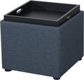 Adeco 17" H Navy Blue Storage Ottoman Cube with Tray Lid, Small Polyester Fabric Footstool with Storage, Square End Table for Living Room & Bedroom