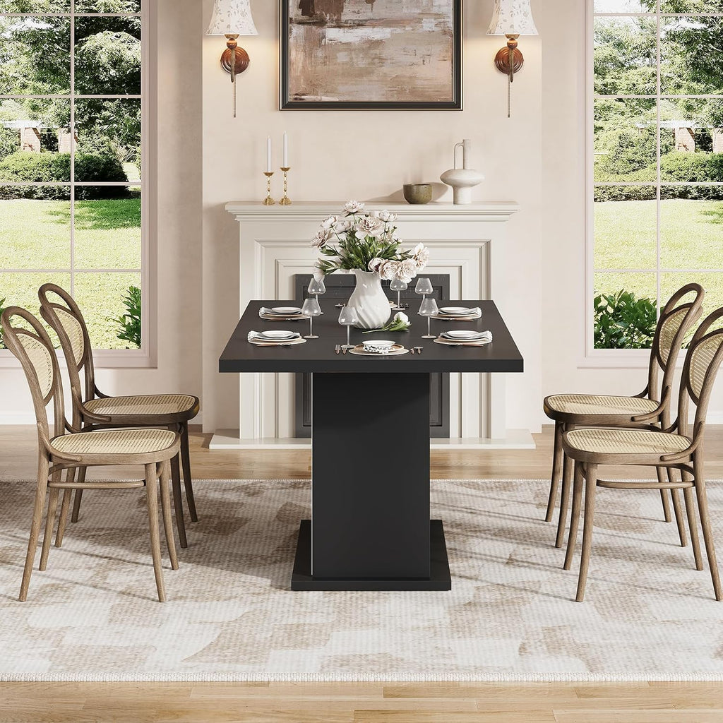 63 Inch Rectangular Dining Table with Hidden Storage, Modern Pedestal Dining Table for 4–6 People, Space-Saving Kitchen & Dining Room Table, MDF, Black