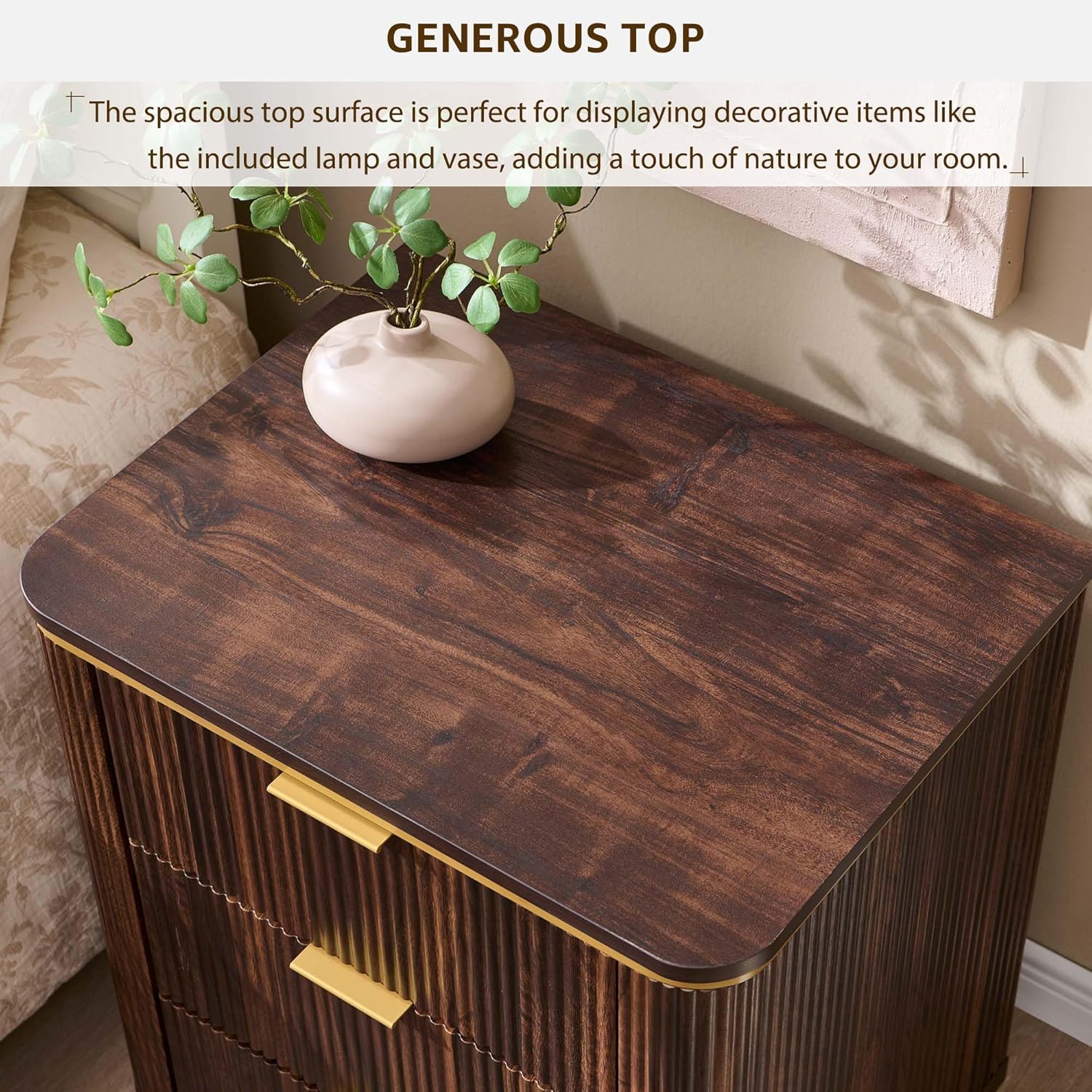 T4TREAM Fluted 3 Drawers Nightstand Set of 2, 24" Large Mid Century Modern End Table, Bedside Table for Bedroom, Living Room, Dark Walnut