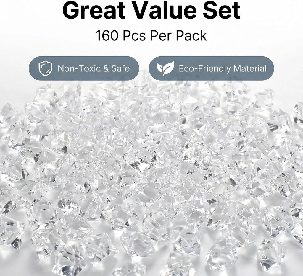 160 Pcs Fake Ice Cubes for Vase Filler, Fake Diamonds 22 * 18mm Acrylic Rocks for Vases, Plastic Gems, Artificial Crushed Ice Props for Sensory Bin Filler, Table Confetti, Faux Centerpieces