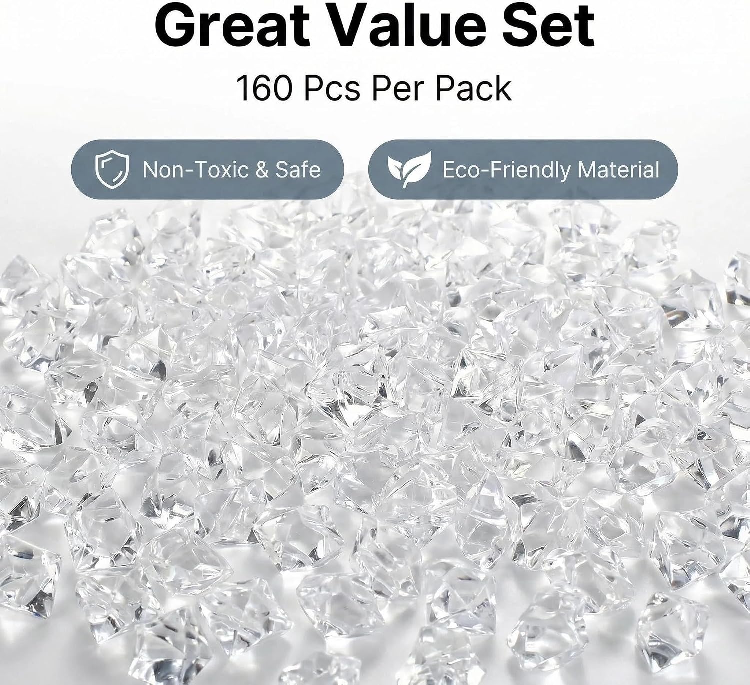 160 Pcs Fake Ice Cubes for Vase Filler, Fake Diamonds 22 * 18mm Acrylic Rocks for Vases, Plastic Gems, Artificial Crushed Ice Props for Sensory Bin Filler, Table Confetti, Faux Centerpieces