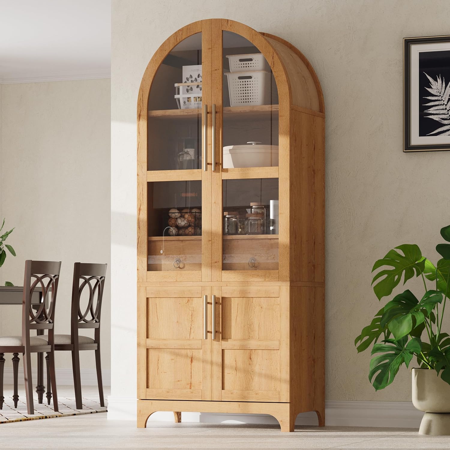 71" Tall Farmhouse Arched Pantry Cabinet with 4 Door Shelves, Adjustable Storage & Hidden Drawer - Rustic Kitchen Cupboard with Glass Door, Dining Room Organization (30"W x 15.75"D) (Natural)
