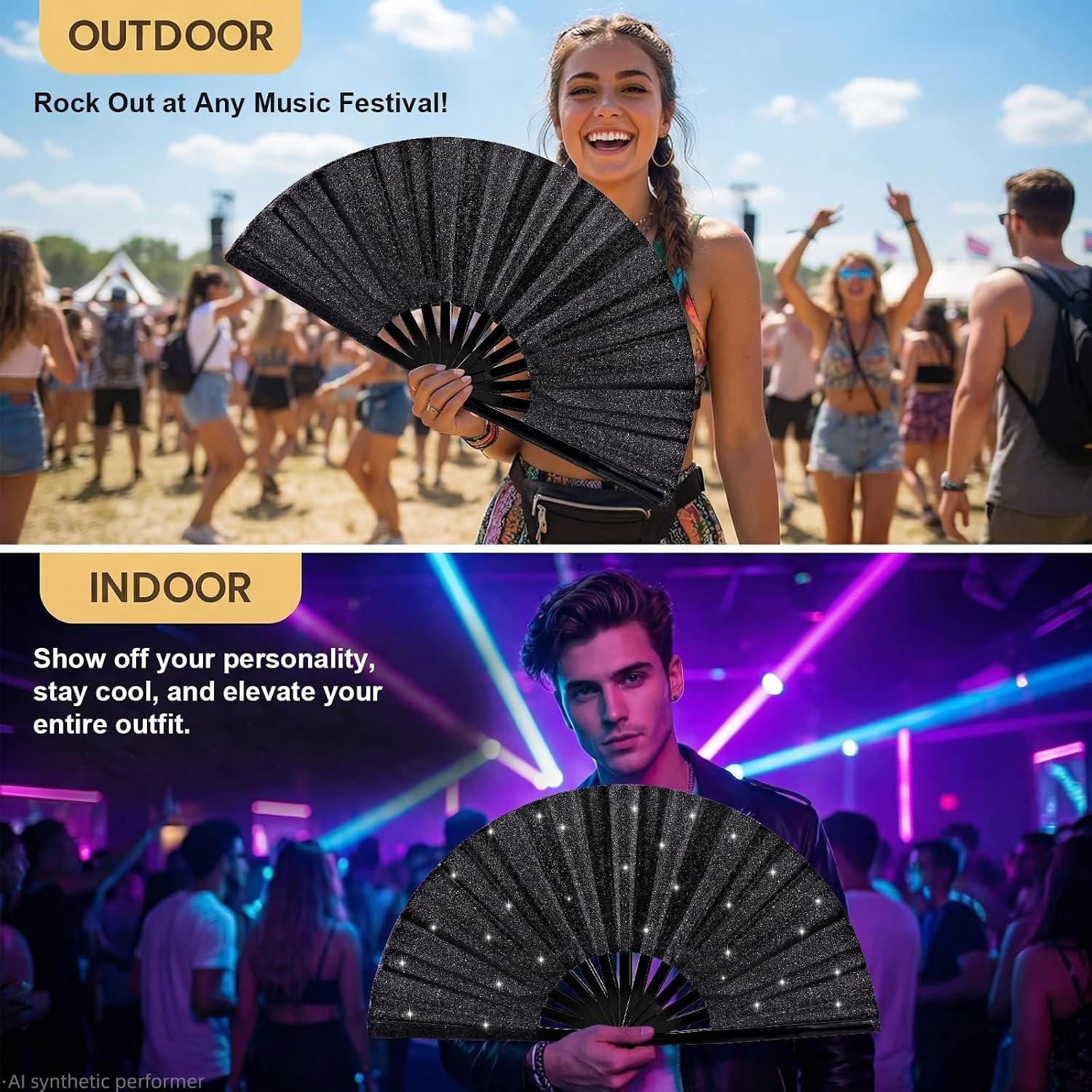 13" Glitter Large Rave Folding Fan with Holster, Popping Clack Hand Fan for Line Dancing for Women Men, Summer Music Party EDM Festival Club Party Dance