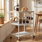 Homleke 3-Tier Rolling Kitchen Microwave Cart, Kitchen Utility Cart on Lockable Wheels, Coffee Bar Table Station with 6 S-Shaped Hooks, Small Appliance Storage Shelf, White and Natural KC40D