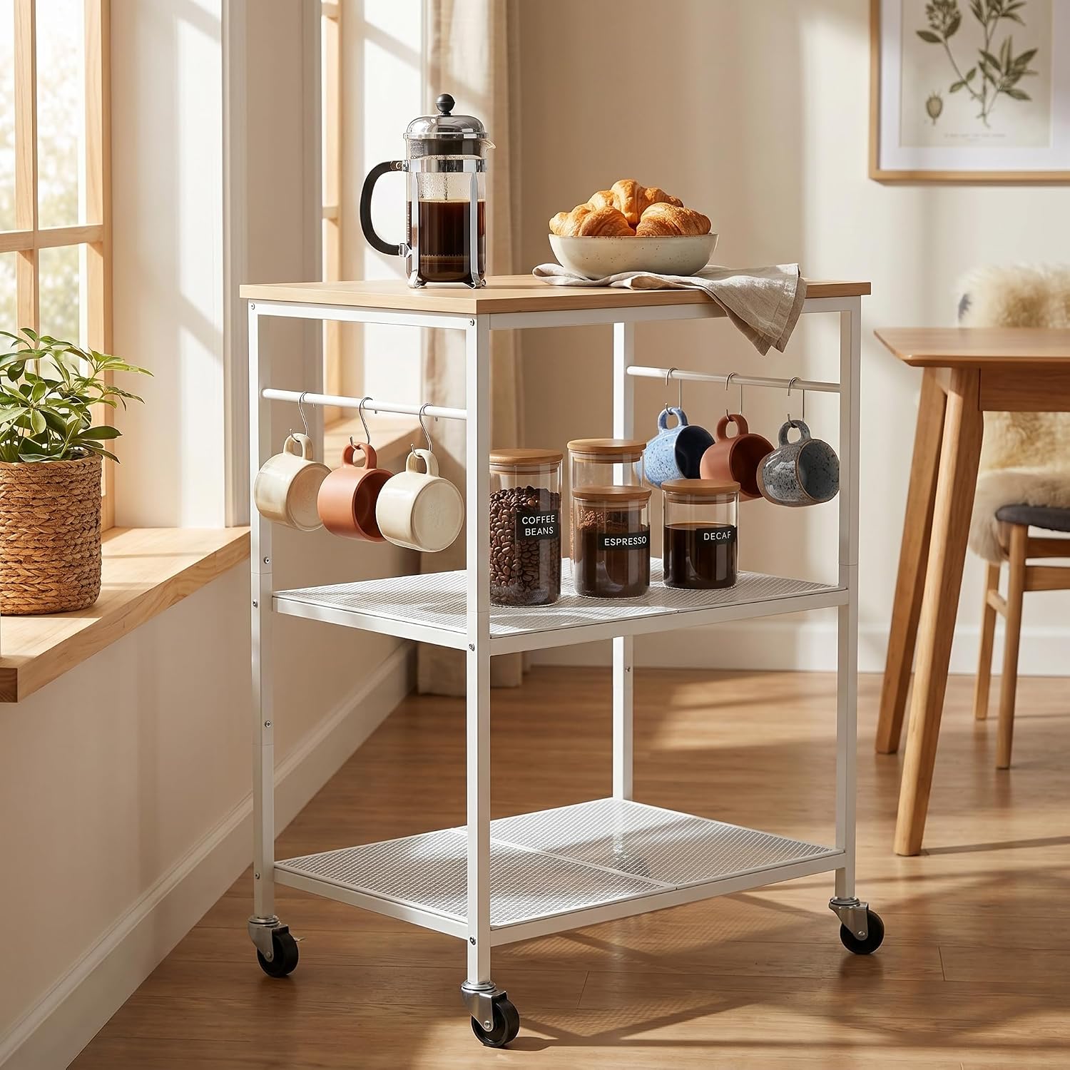 Homleke 3-Tier Rolling Kitchen Microwave Cart, Kitchen Utility Cart on Lockable Wheels, Coffee Bar Table Station with 6 S-Shaped Hooks, Small Appliance Storage Shelf, White and Natural KC40D