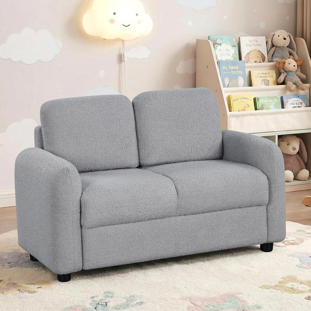 HONEY JOY Toddler Couch, Children Loveseat Sofa Armchair w/Wooden Frame, Teddy Fleece, Flexible Seating for Daycare, Preschool, Playroom, Upholstered Reading Couch, Kids Chair for Boys Girls (Gray)