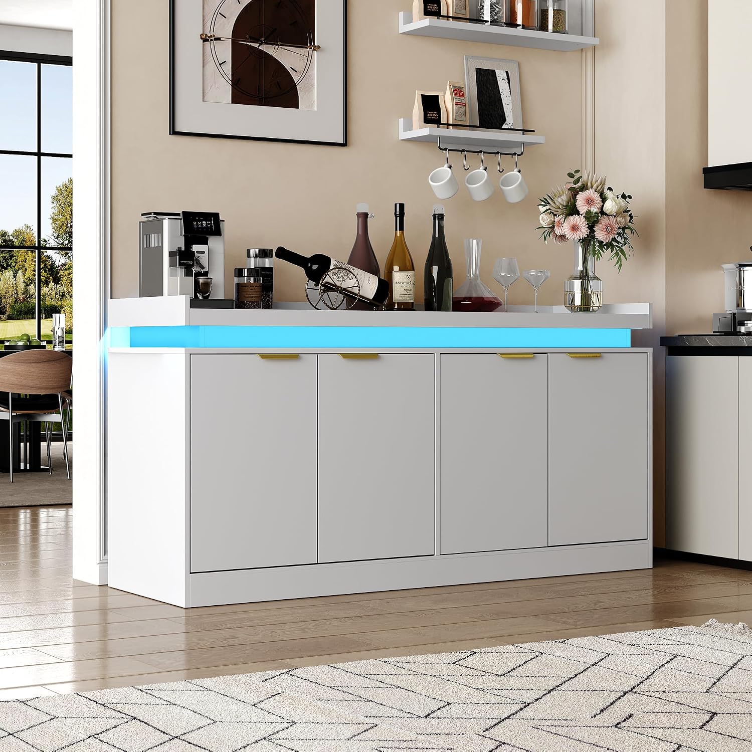 knoworld LED Sideboard Buffet Cabinet with Storage, 63'' Large Kitchen Buffet Cabinet Storage Cabinets with 4 Doors, Wood Coffee Bar Cabinets Buffet Table for Kitchen, Dining, White
