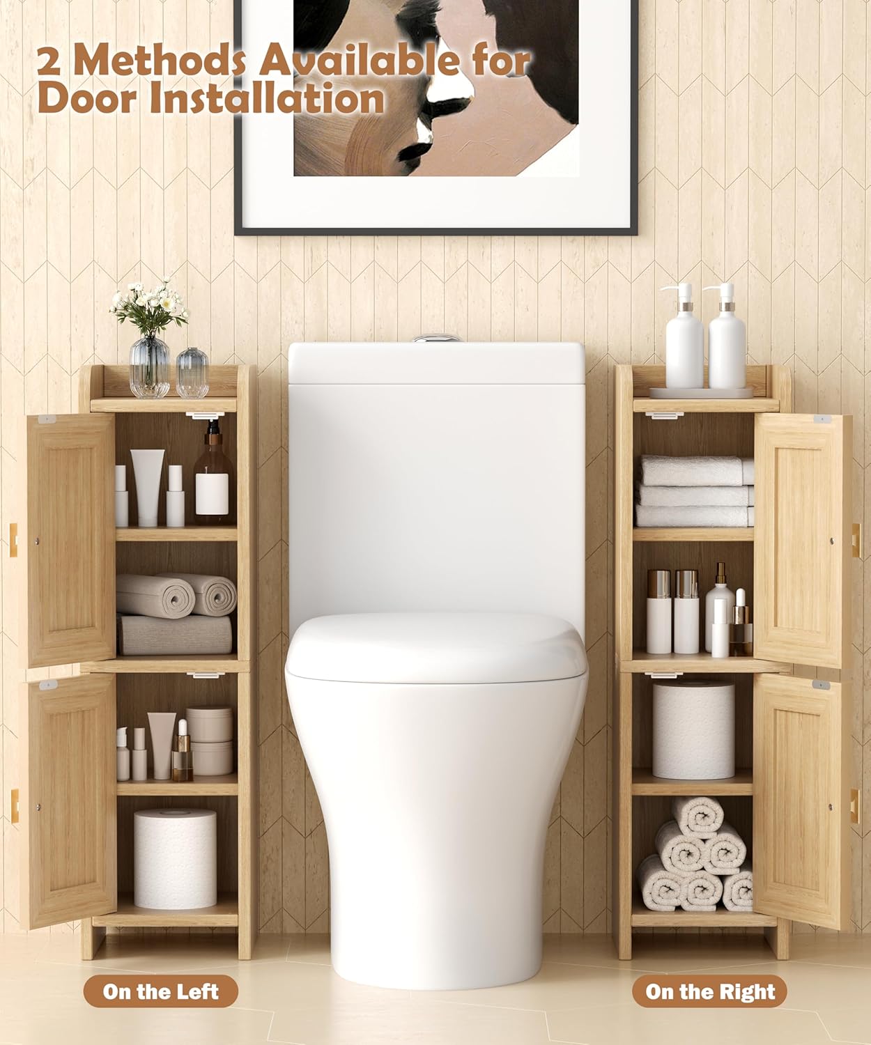 Akxomel Rattan Small Bathroom Cabinet Narrow Toilet Paper Organizer Oak | 7.9''D x 7.9''W Bathroom Organizer and Storage Cabinet for Small Space, Slim Corner Unit with Adjustable Shelf