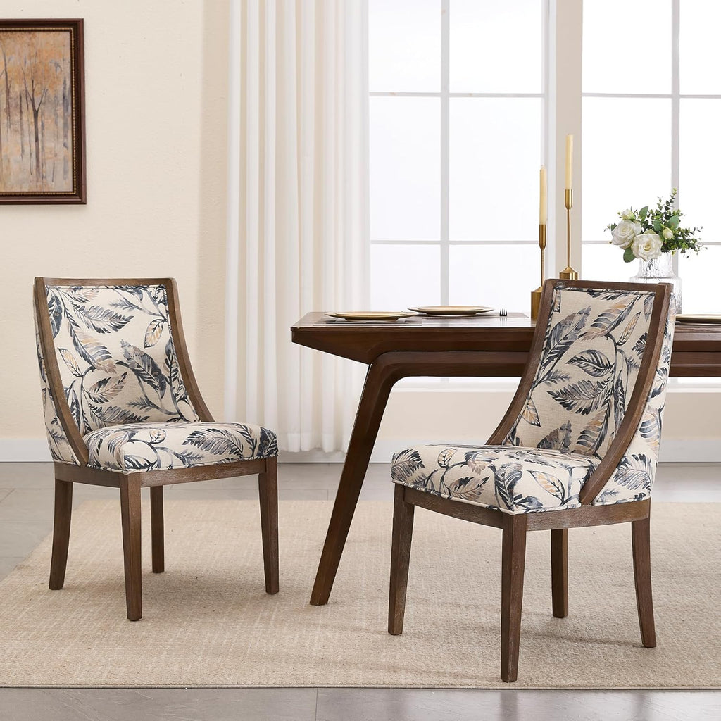 LZAREAL Farmhouse Dining Chairs Set of 2 Upholstered Dining Room Chairs with Curved High Back for Kitchen Restaurant Cafe Home, Walnut Color Wood Legs, Linen Floral Paded Seat