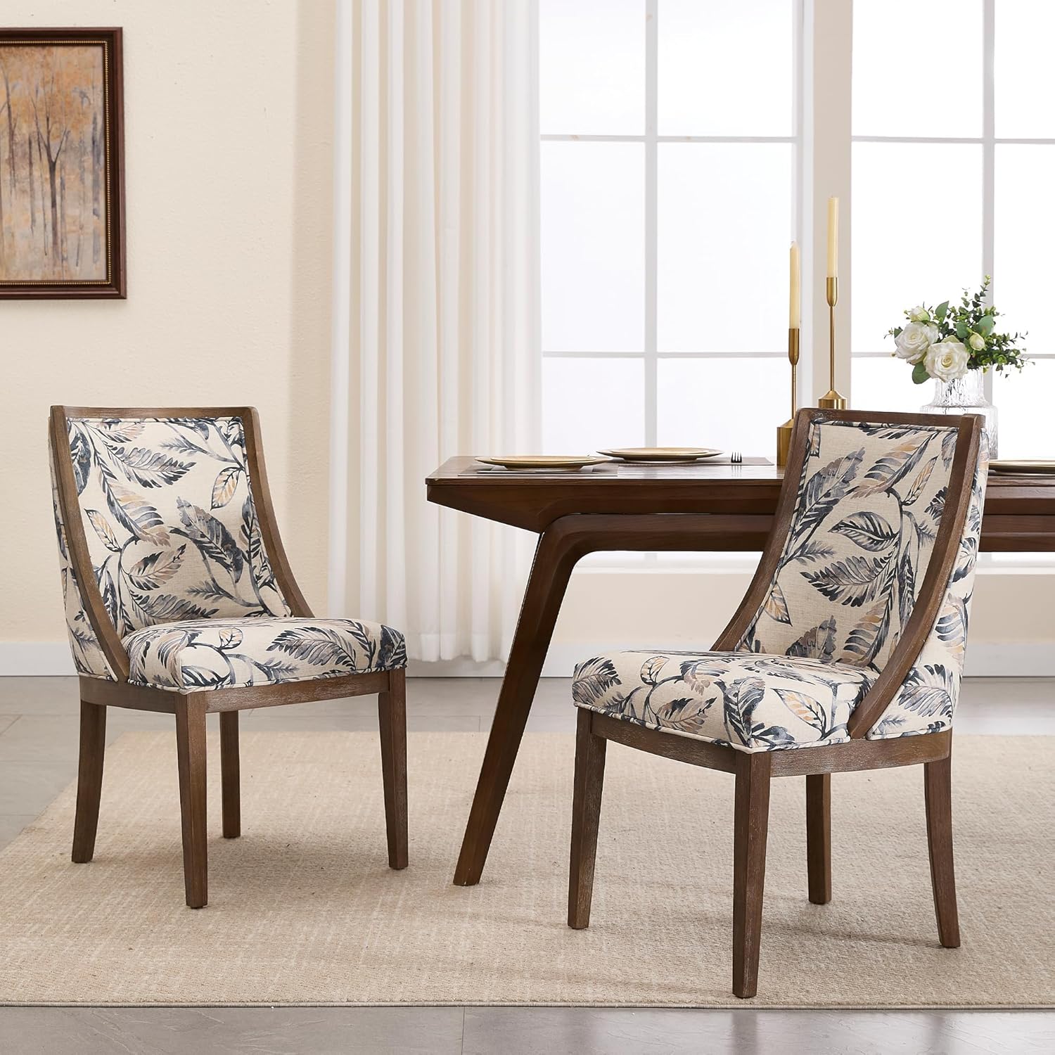 LZAREAL Farmhouse Dining Chairs Set of 2 Upholstered Dining Room Chairs with Curved High Back for Kitchen Restaurant Cafe Home, Walnut Color Wood Legs, Linen Floral Paded Seat