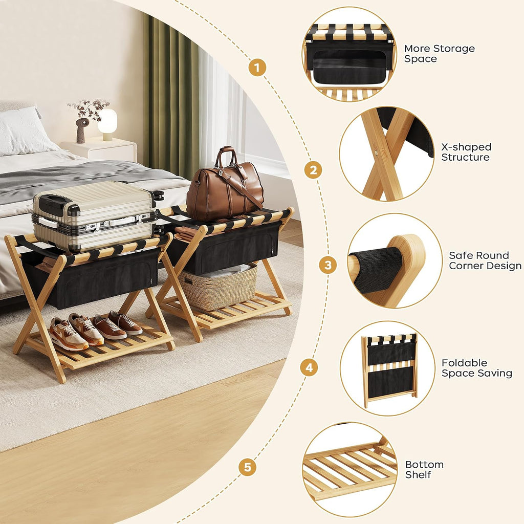 Full Assembled 26.77"L Luggage Rack for Guest Room, Set of 2 Foldable Suitcase Stand with 5 Nylon Straps & Cloth Bag, Luggage Stand Holder with Shoe Shelf for Suitcases Hotel (Natural Wood Bamboo)