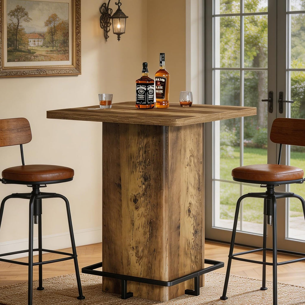 Tribesigns 39.37" Bar Height Table, Square Pub Table with Built-in Metal Footrest Ring, Sturdy Bistro Design for Kitchen, Home Bar, Small Space, Rustic Wood Grain