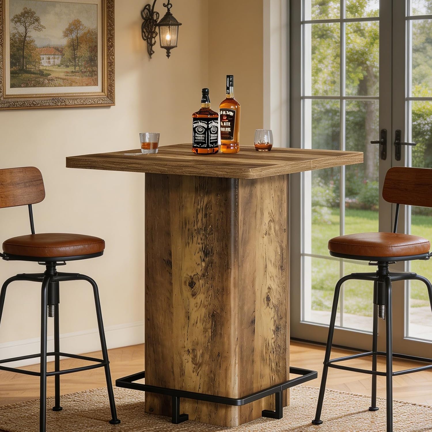 Tribesigns 39.37" Bar Height Table, Square Pub Table with Built-in Metal Footrest Ring, Sturdy Bistro Design for Kitchen, Home Bar, Small Space, Rustic Wood Grain